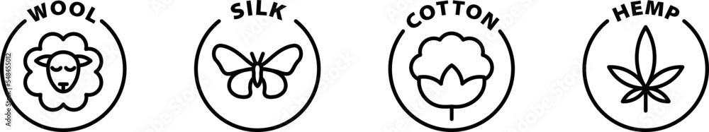 Wool, silk, cotton, hemp fabric icons, icon set. Isolated vector black outline stamp label rounded badge product tag on transparent background. Symbol. Wool, silk, cotton, hemp fabric icons, icon set. Isolated vector black outline stamp label rounded badge product tag on transparent background. Symbol.