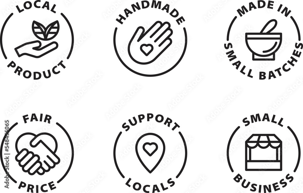small business icon set, icons. Isolated vector black outline stamp label rounded badge product tag on transparent background. Symbols. handmade, local, fair price, small batches.