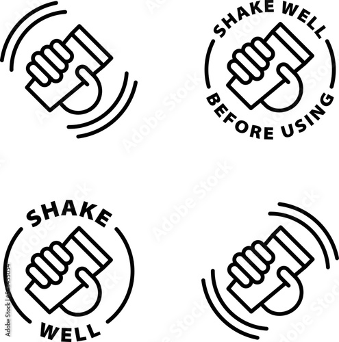 shake well before using icons, icon set. Isolated vector black outline stamp label rounded badge product tag on transparent background. Symbol. photo