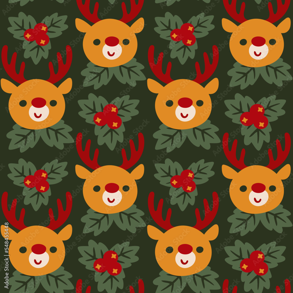 Naklejka premium Seamless pattern of deer and holly. Vector illustration on a green background.