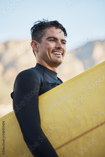 Photography Happy surfer, man carrying surfboard and board for surfing sport on ocean waves for fitness workout, summer wellness surf and water training exercise