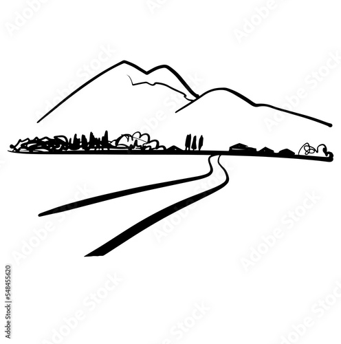 Winter mountain landscape. Ink sketch. Vector illustration