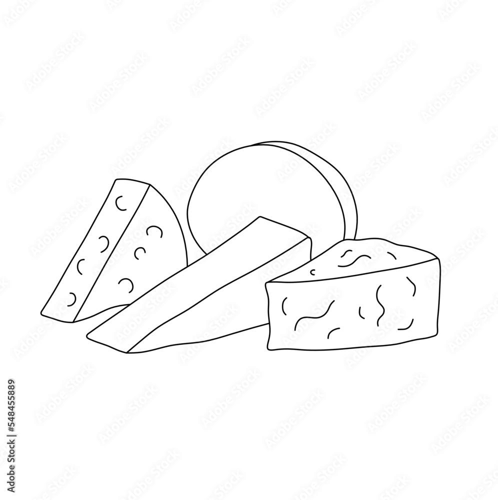 Vector isolated different types of cheese plate set colorless black and