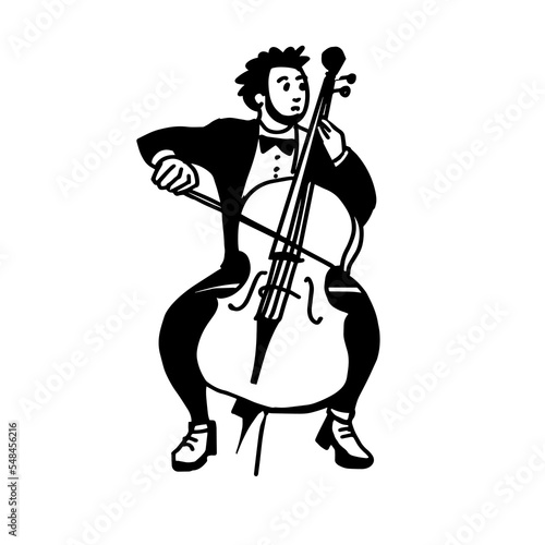 Cellist. The musician plays the cello. Black and white vector illustration