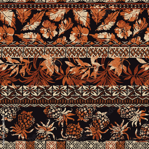 Hawaiian tribal tapa elements and hibiscus flowers patchwork grunge vintage vector seamless pattern 
