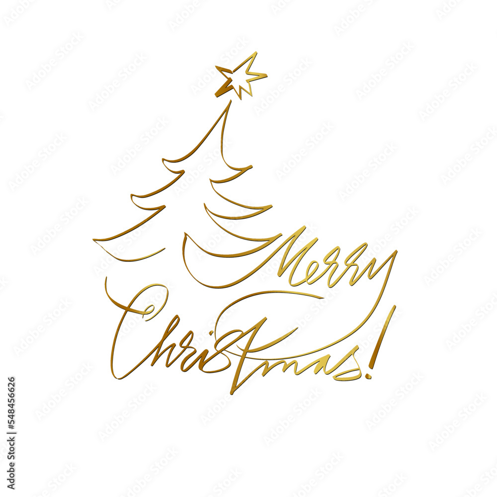 Merry Christmas. A design element for a festive New Year's card, poster, packaging, label, social media, photooverlay, etc. A Christmas tree and a calligraphic gold inscription Merry Christmas. A design element for a festive New Year's card, poster, packaging, label, social media, photooverlay, etc. A Christmas tree and a calligraphic gold inscription