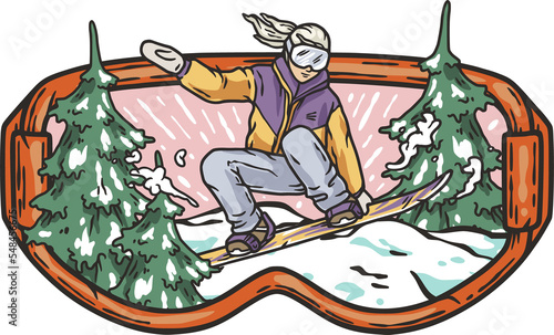 A snowboarder descends a snowy mountain in goggles. A winter extreme active sport. Printable print about snowboarding
