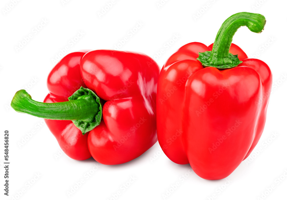 two red sweet bell pepper isolated on white background. clipping path two red sweet bell pepper isolated on white background. clipping path