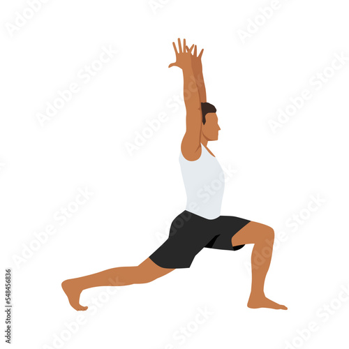 Man doing warrior I pose virabhadrasana exercise. Flat vector illustration isolated on white background