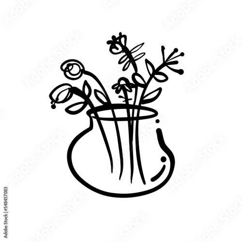 vase with flowers. A simple hand-drawn icon. A design element for a postcard, poster, etc. Vector doodle illustration