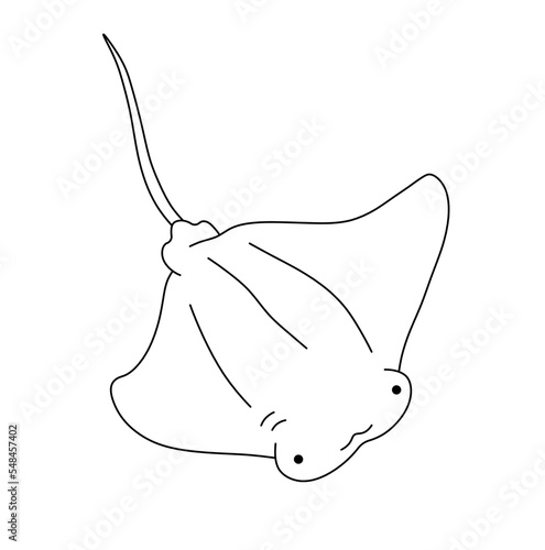 Vector isolated cute cartoon one  swimming floating little smiling electric manta ray fish colorless black and white contour line drawing