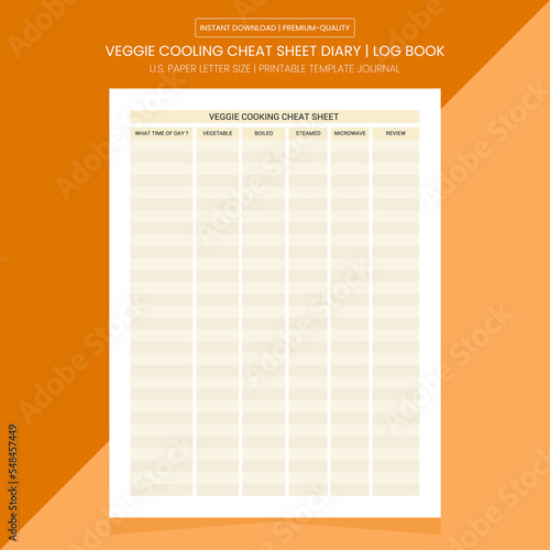 Veggie Cooling Cheat Sheet | Veggie Cooling Cheat  Log Book | Notebook Printable Template 