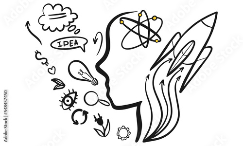Concept of creative mind, various thoughts that come to mind boosting creativity, idea generation. Flat vector illustration.