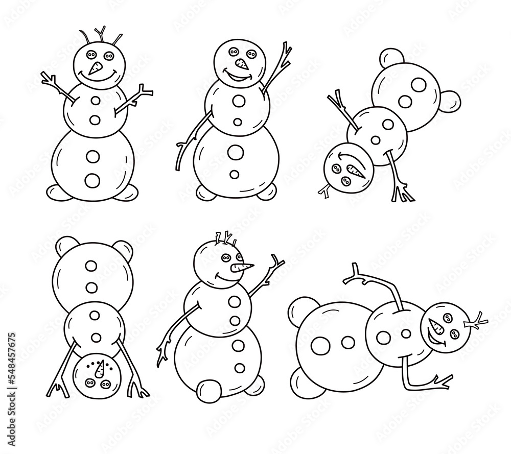 Vector set of black line snowmen in different poses. Winter design, colorbooks.