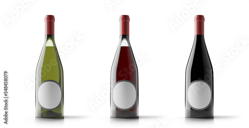 Three wine bottles with shadows and no label isolated on white background. 3d rendered image.