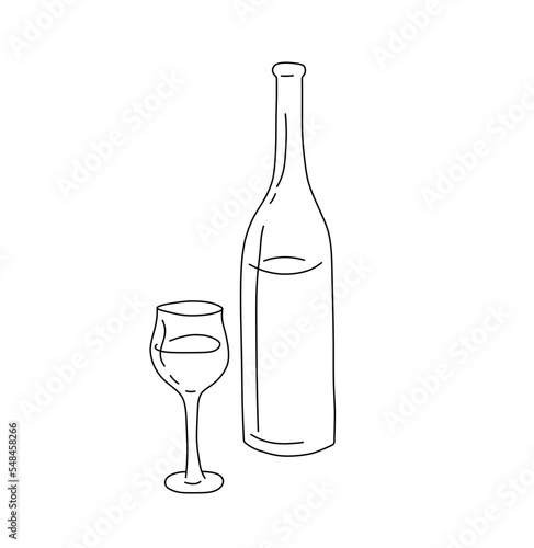 Vector isolated one bottle of wine with one glass colorless black and white contour line easy drawing