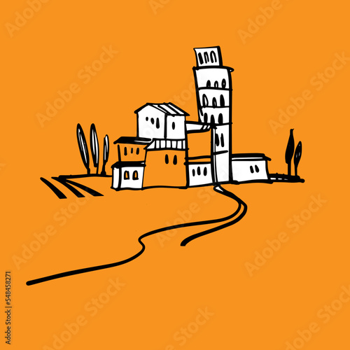 Italian landscape. Tuscany. A hand-drawn sketch. Design element for postcards, prints, stickers, etc. Vector color illustration.