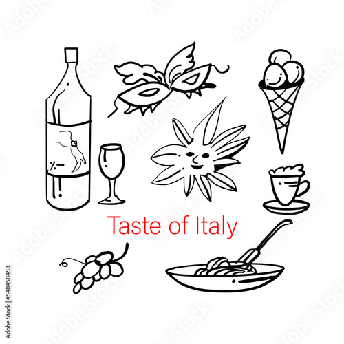 Taste of Italy. Carnival masks, wine, grapes, coffee and ice cream. A hand-drawn sketch. Vector doodle illustration