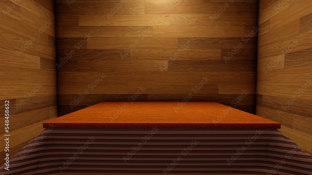 Blank wood display on wood background with minimal style and spot light. wood Blank stand for showing product. 3D rendering. Blank wood display on wood background with minimal style and spot light. wood Blank stand for showing product. 3D rendering.