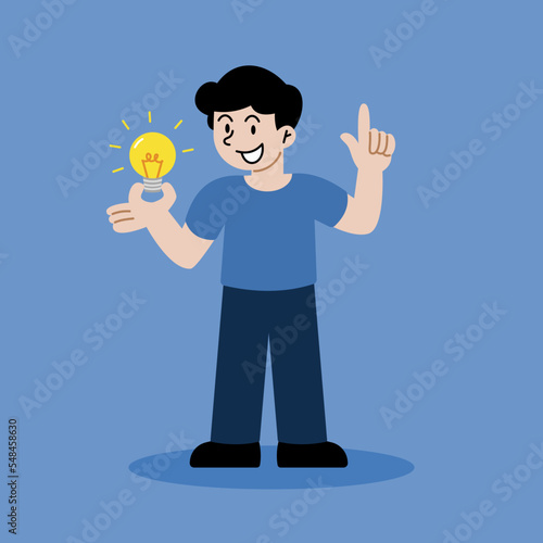 Creative man hold light bulb thinking idea flat cartoon illustration vector.