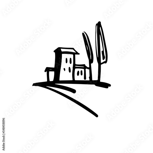 Stylized Tuscan landscape in a minimalist style. Sketch Hand-drawn vector doodle illustration