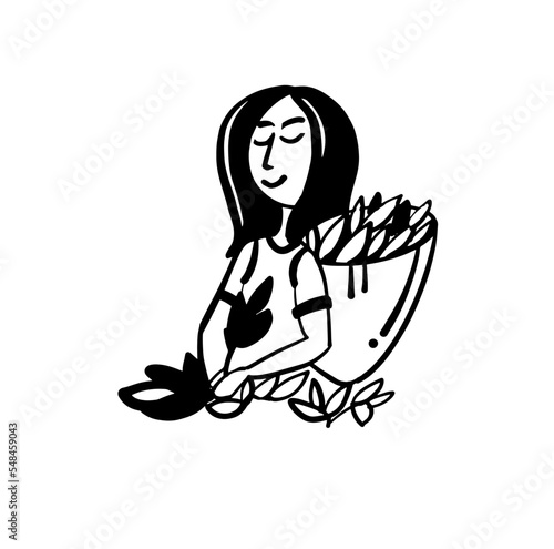 A woman with a basket collecting tea leaves. Sketch. Hand-drawn vector black and white doodle illustration