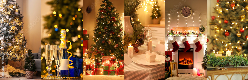 Festive collage with beautiful table settings, champagne and interiors decorated for Christmas in evening