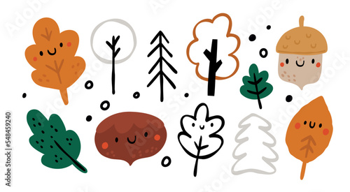 Leaves, Acorn, Chestnut, Forest, Trees in cartoon style. Childish vector illustration with Scandinavian nature design elements. Cute leafs vector collection