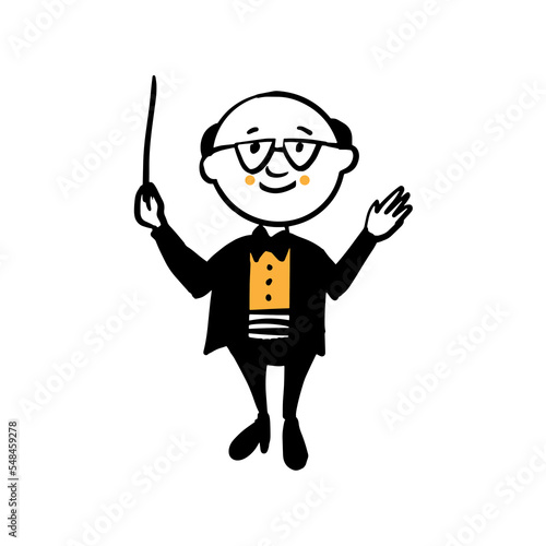 A cute elderly conductor with a baton. Vector color doodle illustration