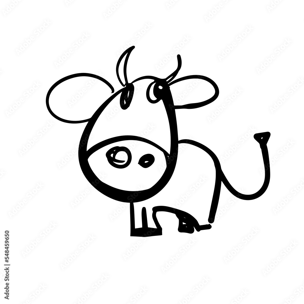 Funny cow. A hand-drawn character. Vector doodle illustration
