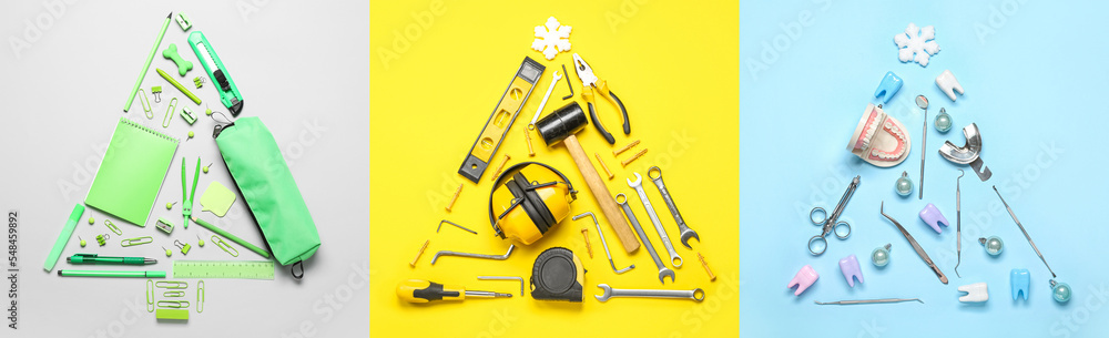 Collage of Christmas trees made of different professional items on color background Collage of Christmas trees made of different professional items on color background