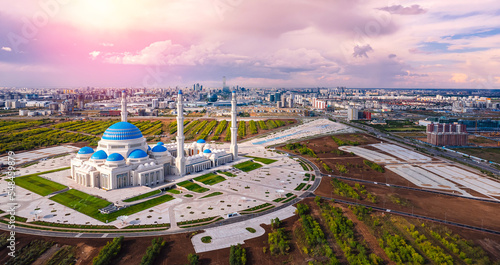 Nur-Sultan, Kazakhstan largest big mosque in Central Asia, Astana Aerial drone view