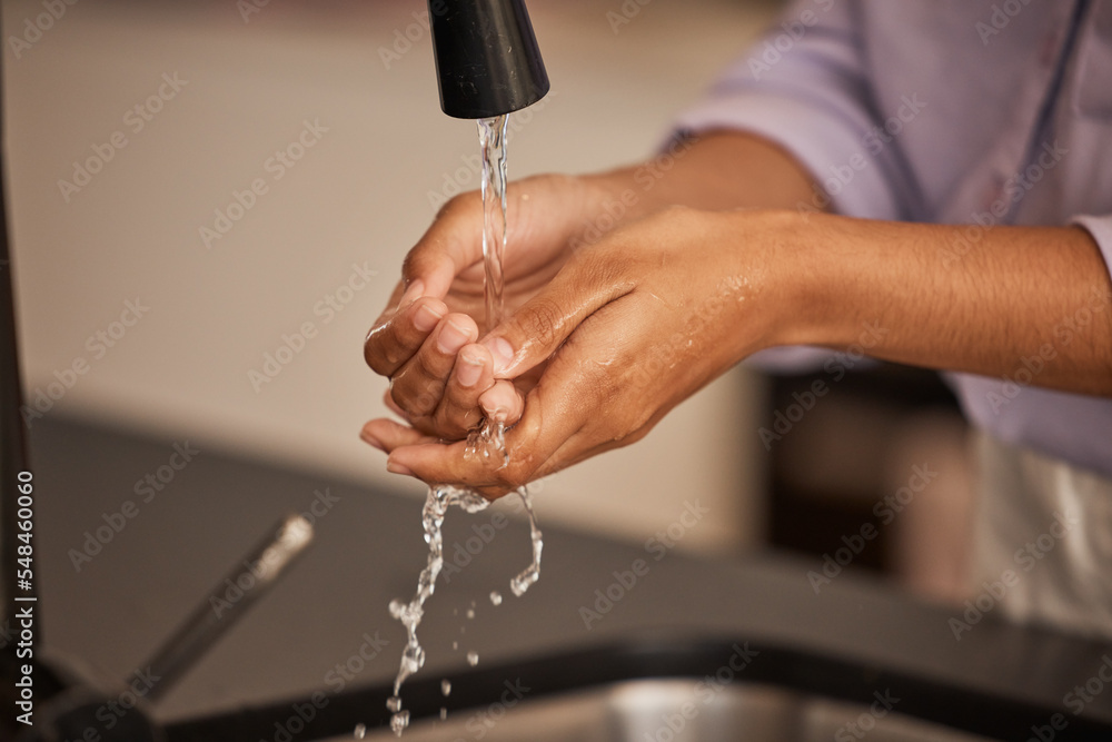 Washing hands, sink and water cleaning for wellness, health and hygiene