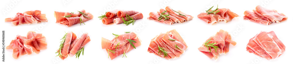 Set of tasty ham isolated on white