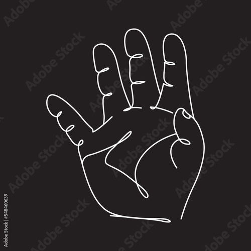 Baby hand line art. Little palm. Minimalistic vector illustration. Black and white. Black background. One line drawing.