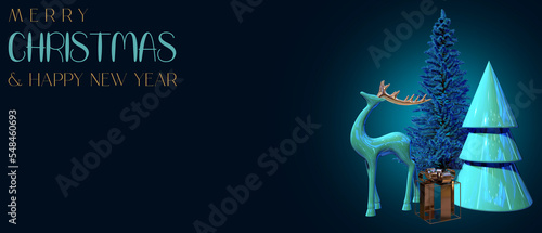 Christmas winter holiday composition. Realistic 3d decorative design items, Deer and gift boxes, Christmas trees, Happy New Year. 3D render