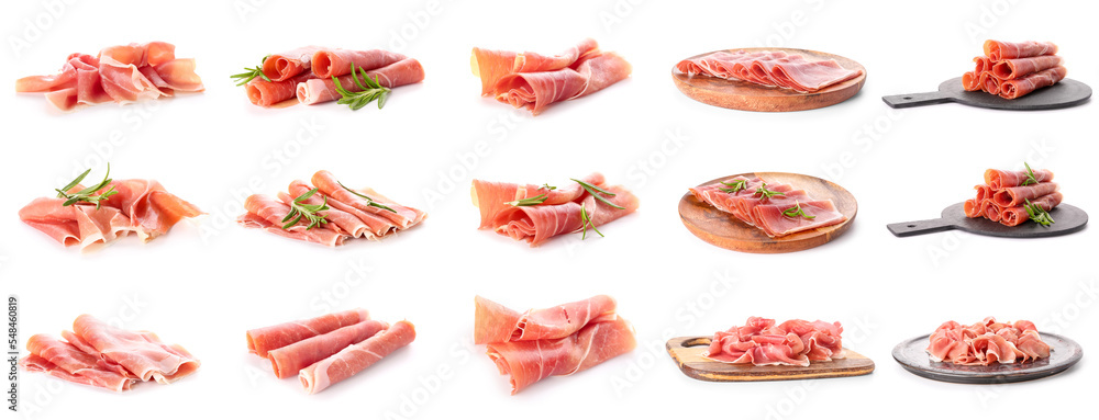 Set of tasty ham isolated on white Set of tasty ham isolated on white