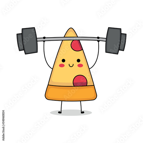 Cute pizza cartoon character weight lifting
