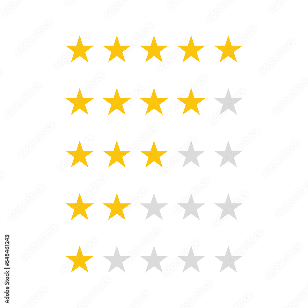 Five stars rating sign. Customer review or feedback icon isolated on white background Five stars rating sign. Customer review or feedback icon isolated on white background