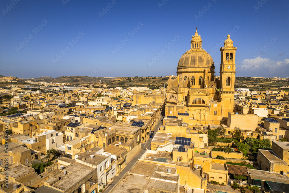 Aerial drone view of the Rotunda St. John Baptist Church in Xewkija, Gozo, Malta