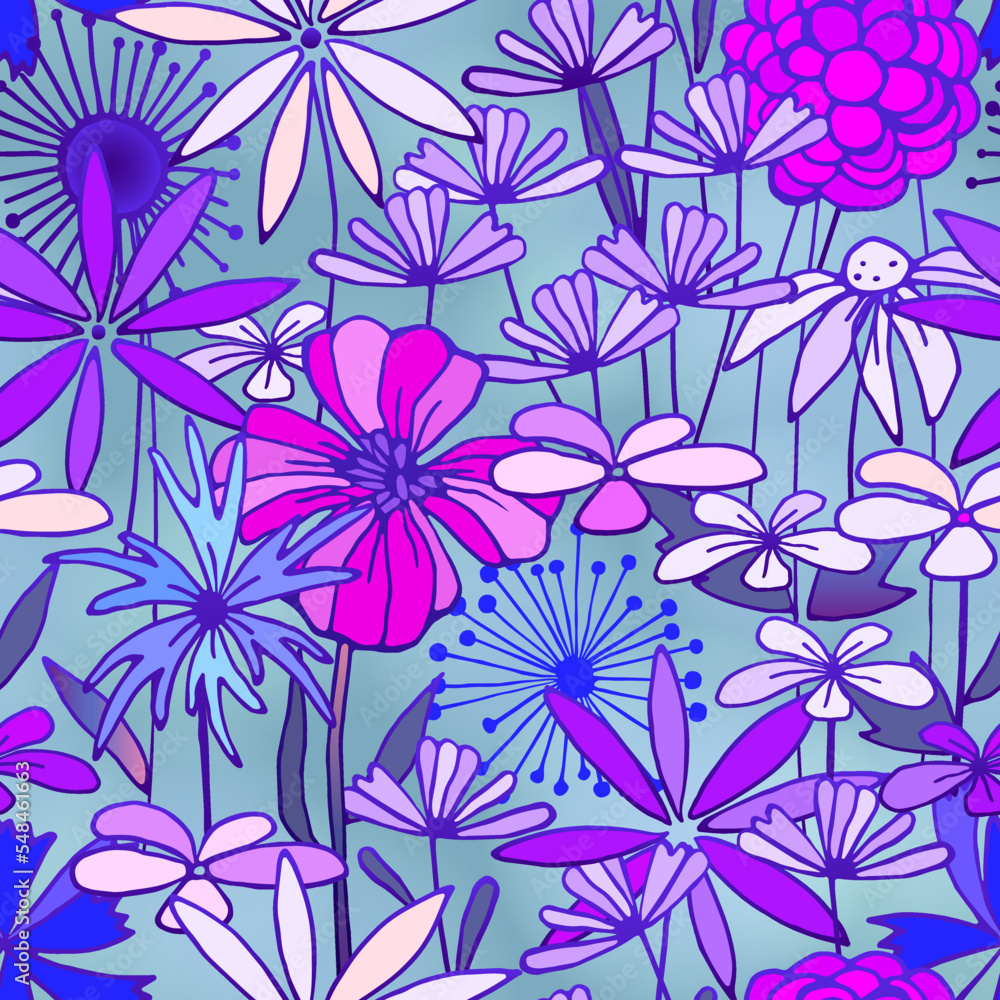 Fototapeta premium Floral lilac back ground. Bright colorful flowers. Summer meadow. Seamless vector pattern.
