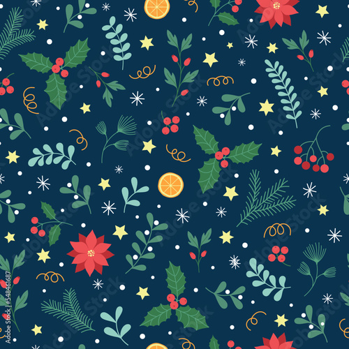 Seamless Christmas pattern with hand drawn decorative elements, holly, snowflakes, poinsettia, mistletoe. Ideal for backgrounds, wrapping paper, scrapbooking, greeting card decoration, invitations.