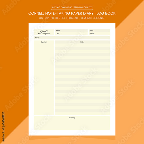 Cornell Note-Taking Paper Log Book | Cornell Diary Journal | Notebook Printable Template