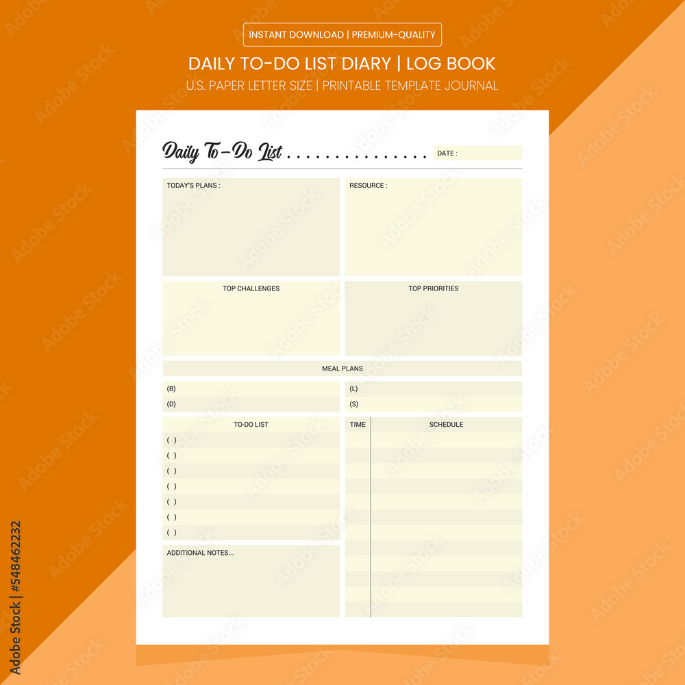 Daily ToDo List Diary Journal Daily ToDo Notebook Printable Template vector de Stock Adobe