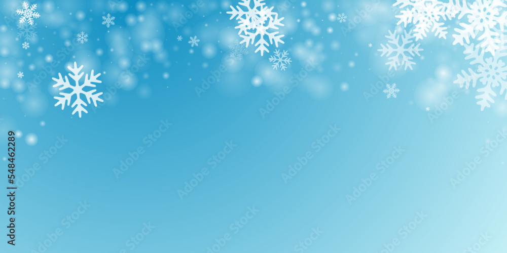 Chaotic falling snowflakes illustration. Snowfall dust freeze granules. Snowfall sky white teal blue background. Many snowflakes new year texture. Snow hurricane scenery.