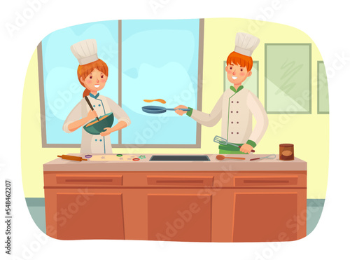 Restaurant chef cooking at kitchen breakfast for customers
