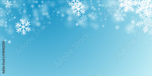 Chaotic falling snowflakes illustration. Snowfall dust freeze granules. Snowfall sky white teal blue background. Many snowflakes new year texture. Snow hurricane scenery.
