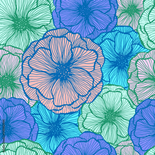 Poppy flower doodle floral vector seamless pattern summer fabric print design. Line texture petals © SunwArt
