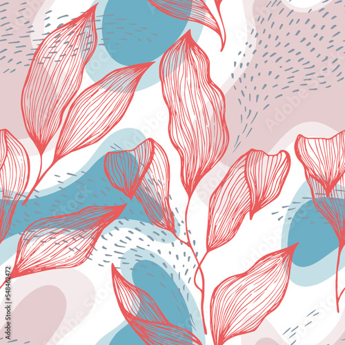 Sketch style doodle line texture leaves over stains and dots seamless vector ...