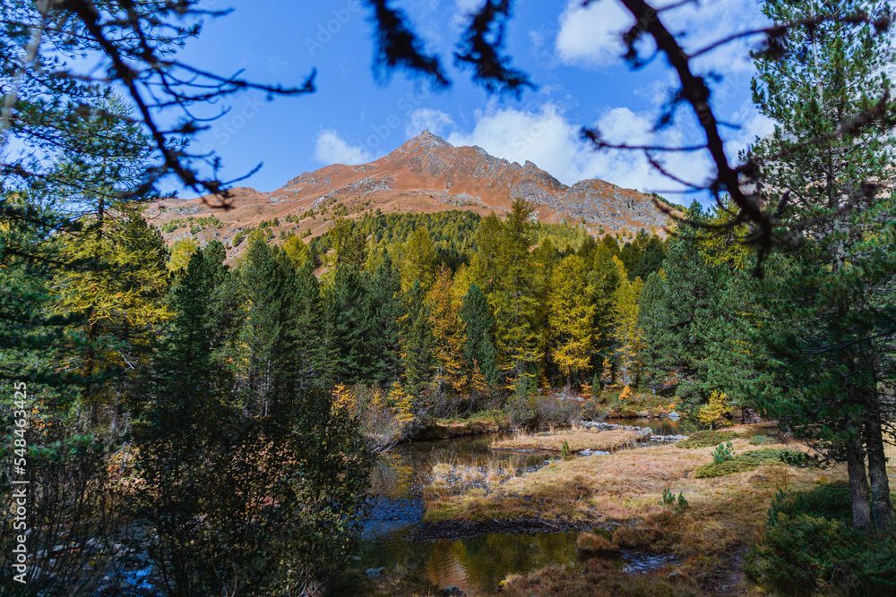 The mountains of the Val di Camp, a small valley near the village of Poschiavo, during an autumn day, Canton of Grisons, Switzerland - October 2022. The mountains of the Val di Camp, a small valley near the village of Poschiavo, during an autumn day, Canton of Grisons, Switzerland - October 2022.